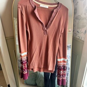 We The Free Terracotta Long Sleeve Top with Patterned Sleeves